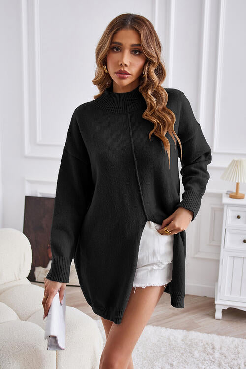 Exposed Seam Mock Neck Slit Sweater-Teresa&#39;s Fashionista LLC