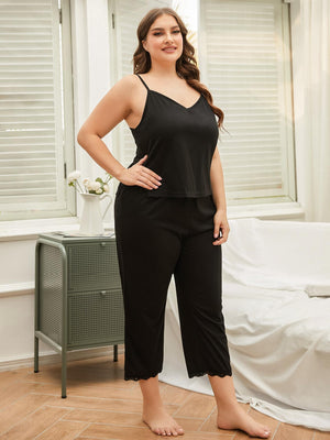 Plus Size Lace Trim Slit Cami and Pants Pajama Set-Teresa's Fashionista LLC