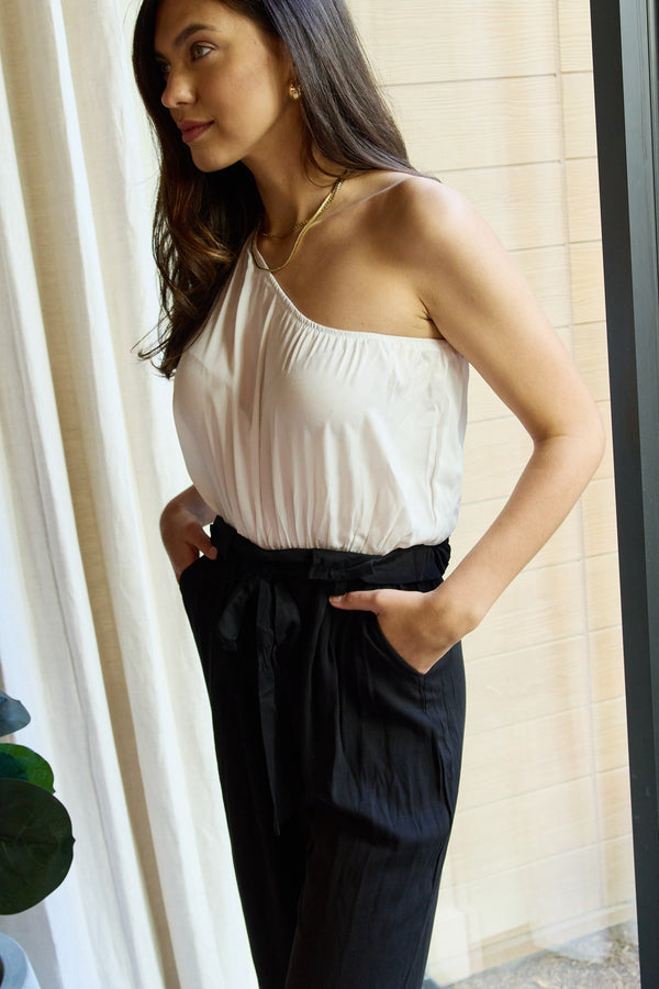 Dress Day Marvelous in Manhattan One-Shoulder Jumpsuit in White/Black-Teresa's Fashionista LLC