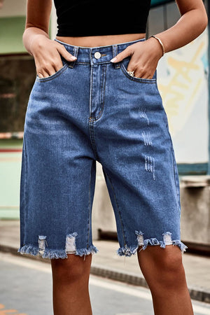 Raw Hem High Waist Denim Shorts with Pockets-Teresa's Fashionista LLC