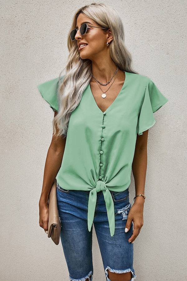 V-Neck Tie Hem Flutter Sleeve Blouse-Teresa's Fashionista LLC
