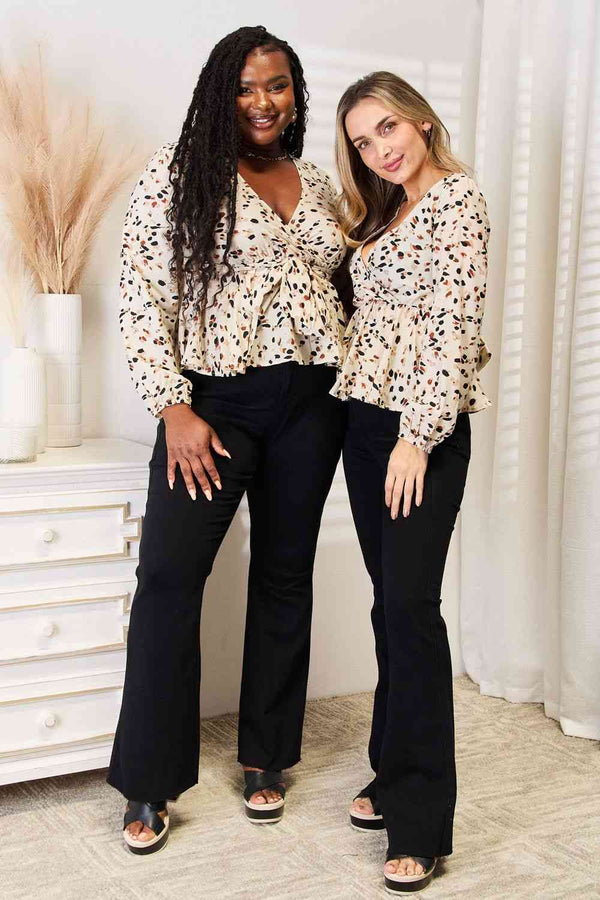 Double Take Printed Tied Plunge Peplum Blouse-Teresa's Fashionista LLC