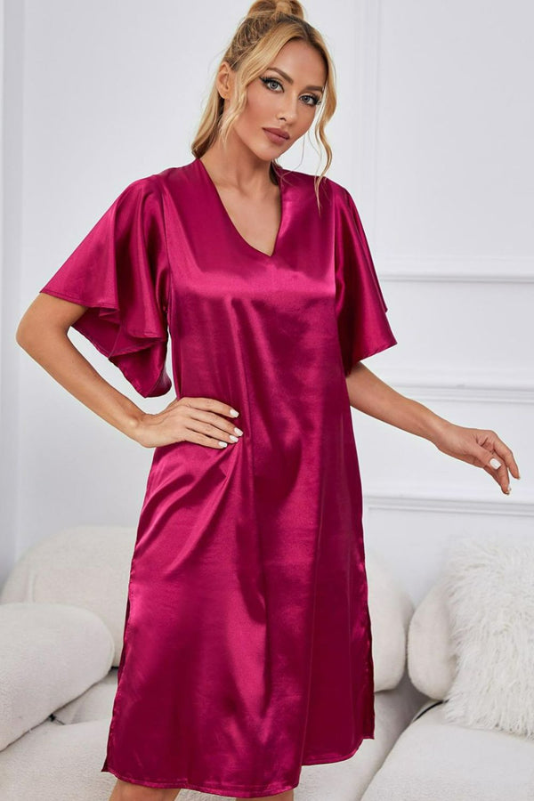Satin Flutter Sleeve Side Slit V-Neck Night Dress-Teresa's Fashionista LLC