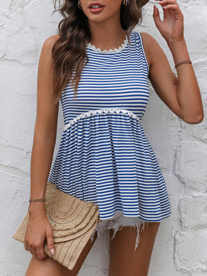 Striped Lace Trim Round Neck Tank-Teresa's Fashionista LLC