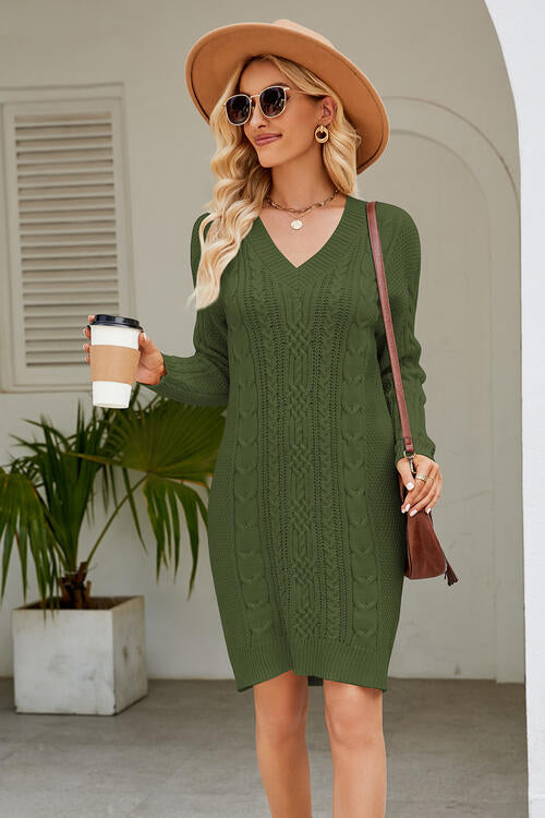 Cable-Knit Long Sleeve Sweater Dress-Teresa&#39;s Fashionista LLC