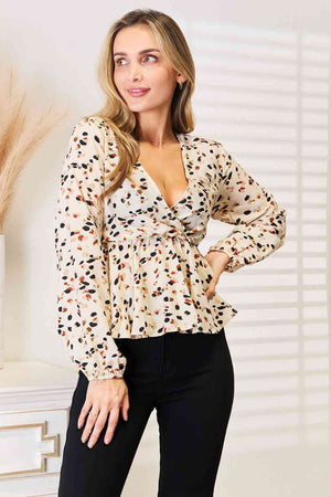 Double Take Printed Tied Plunge Peplum Blouse-Teresa's Fashionista LLC