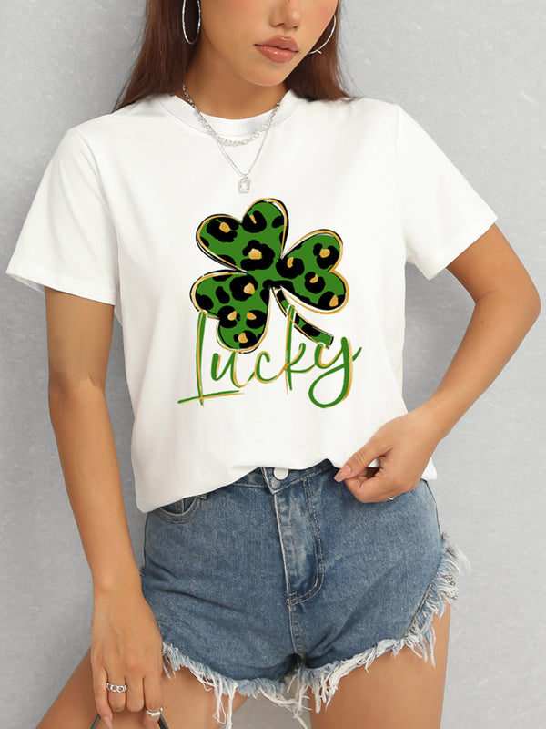 Lucky Clover Round Neck Short Sleeve T-Shirt-Teresa's Fashionista LLC