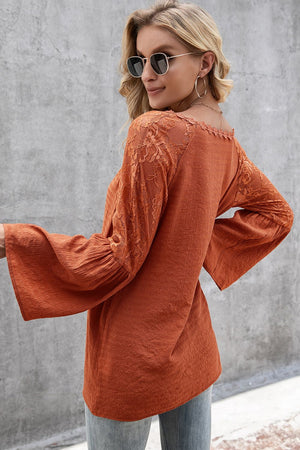 V-Neck Spliced Lace Flare Sleeve Top-Teresa's Fashionista LLC