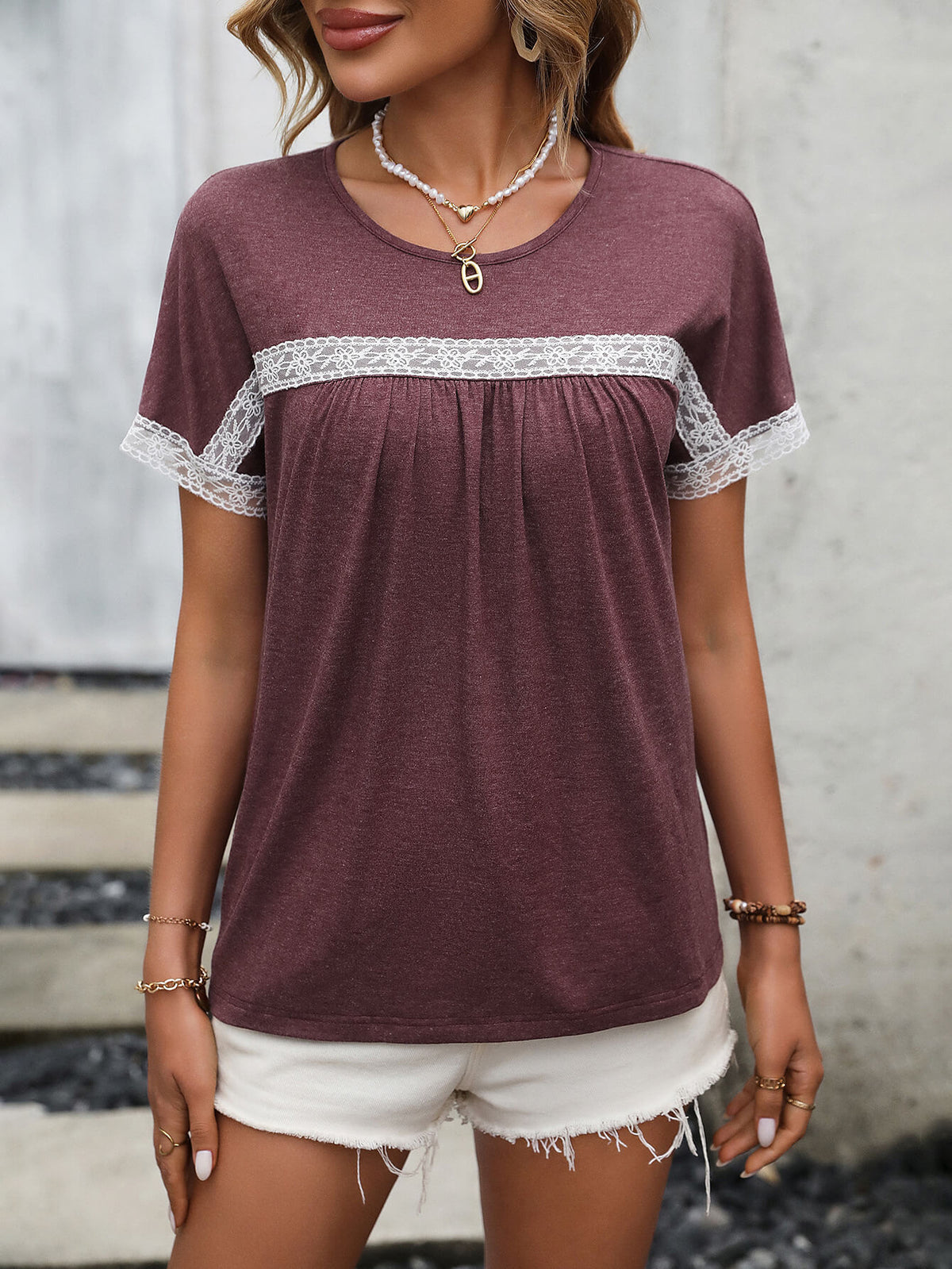 Contrast Round Neck Short Sleeve Tee-Teresa&#39;s Fashionista LLC