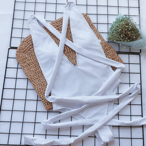 Halter Neck Deep V Tied One-Piece Swimsuit-Teresa's Fashionista LLC