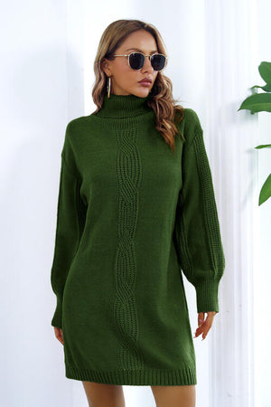 Openwork Turtleneck Long Sleeve Sweater Dress-Teresa's Fashionista LLC