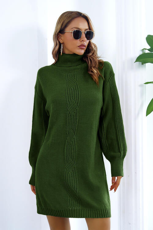 Openwork Turtleneck Long Sleeve Sweater Dress-Teresa&#39;s Fashionista LLC