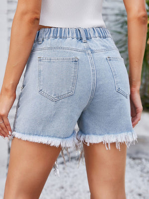 Distressed Pearl Trim Denim Shorts with Pockets-Teresa's Fashionista LLC