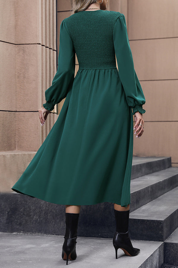 Smocked Long Sleeve Midi Dress-Teresa's Fashionista LLC