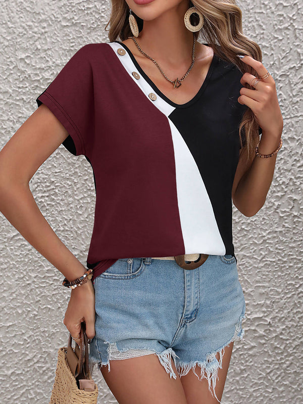 Color Block Decorative Button V-Neck Tee-Teresa's Fashionista LLC