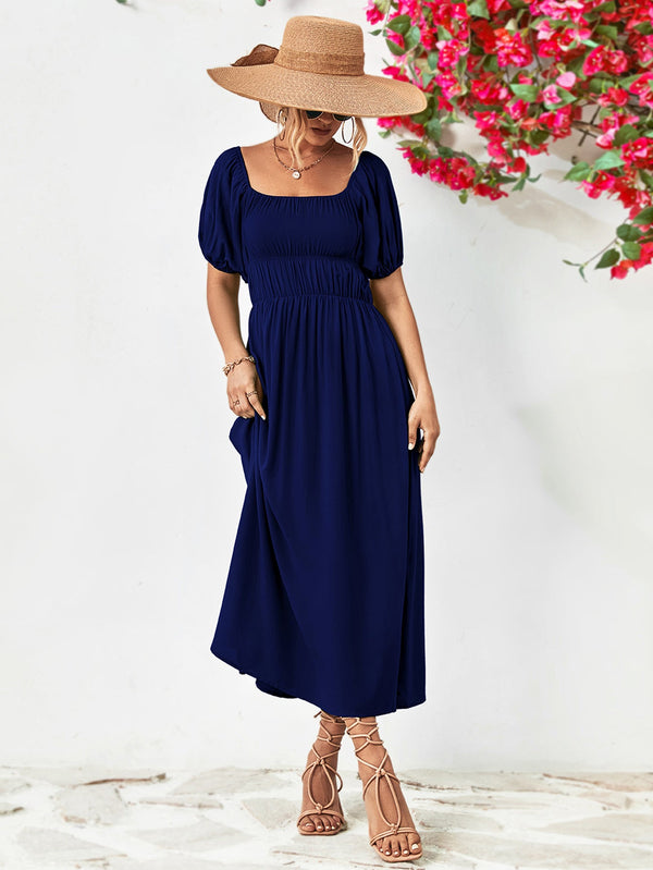 Off-shoulder balloon sleeve midi dress with puff sleeves, chic solid design, and A-line hem.