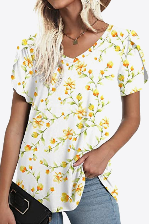 Printed Petal Sleeve V-Neck Blouse-Teresa's Fashionista LLC