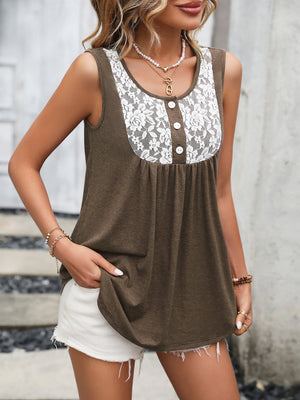 Lace Contrast Scoop Neck Tank-Teresa's Fashionista LLC