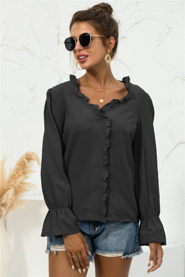 Frill Trim V-Neck Flounce Sleeve Shirt-Teresa's Fashionista LLC