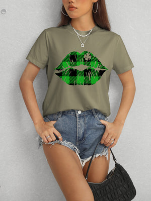Plaid Lip Graphic Round Neck T-Shirt-Teresa's Fashionista LLC