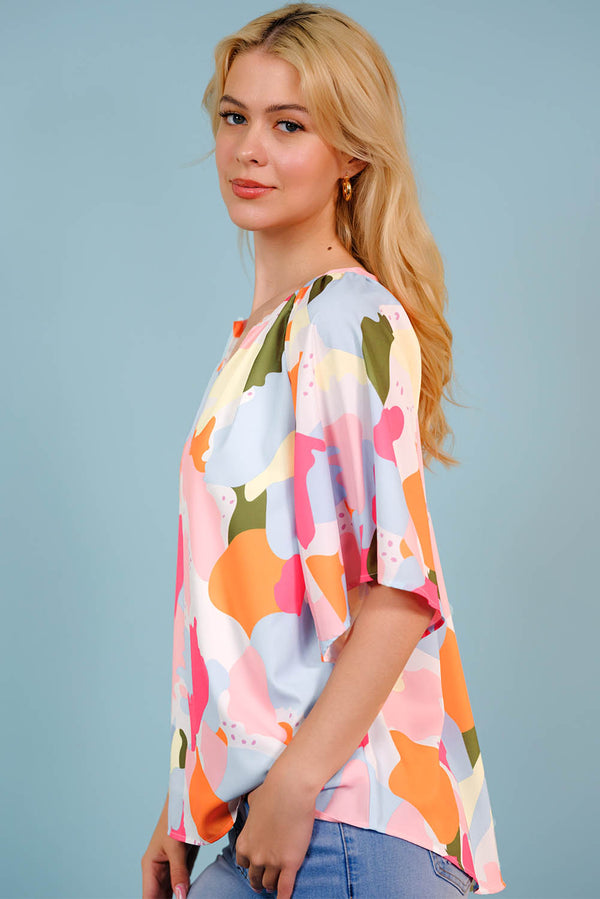 Printed Notched Neck Half Sleeve Blouse-Teresa's Fashionista LLC
