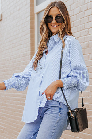 Striped Lantern Sleeve Collared Shirt-Teresa's Fashionista LLC