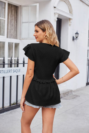 Buttoned V-Neck Ruffle Trim Top-Teresa's Fashionista LLC