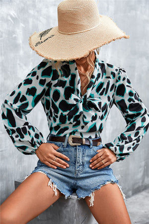 Printed Tie Neck Puff Sleeve Blouse-Teresa's Fashionista LLC