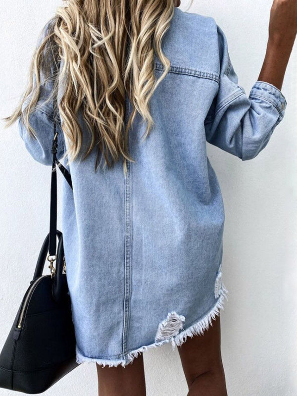 Raw Hem Collared Neck Long Sleeve Denim Jacket-Teresa's Fashionista LLC