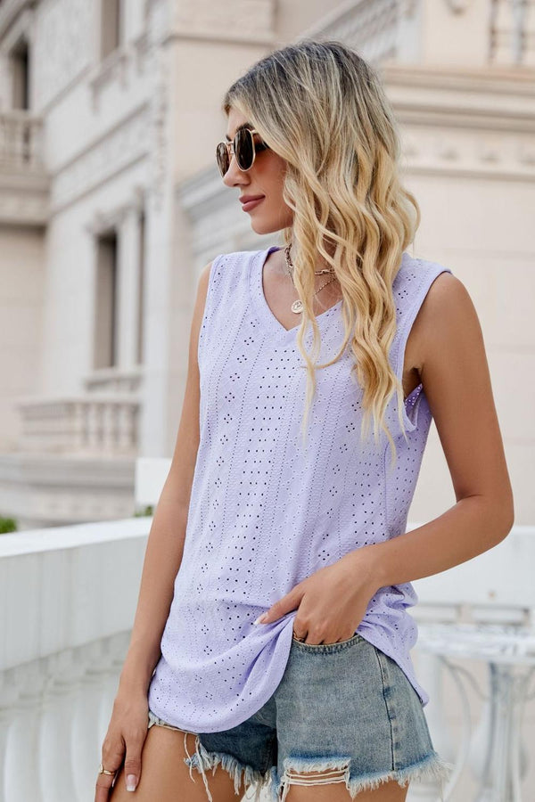 Eyelet V-Neck Tank-Teresa's Fashionista LLC