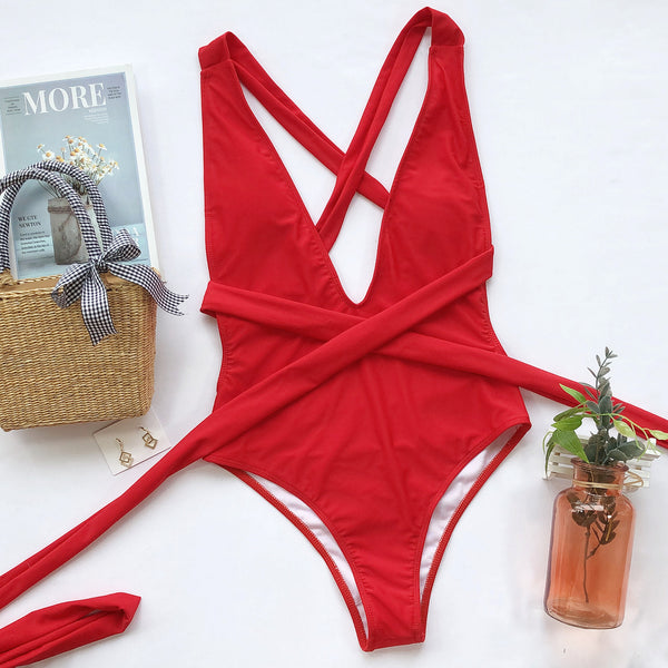 Halter Neck Deep V Tied One-Piece Swimsuit-Teresa's Fashionista LLC