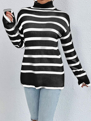 Striped Turtleneck Long Sleeve Sweater-Teresa's Fashionista LLC