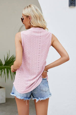 Notched Neck Curved Hem Eyelet Tank-Teresa's Fashionista LLC