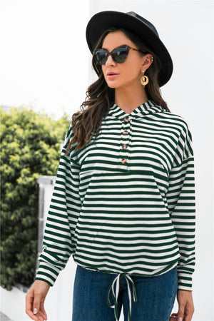 Striped Half-Button Dropped Shoulder Hoodie-Teresa's Fashionista LLC