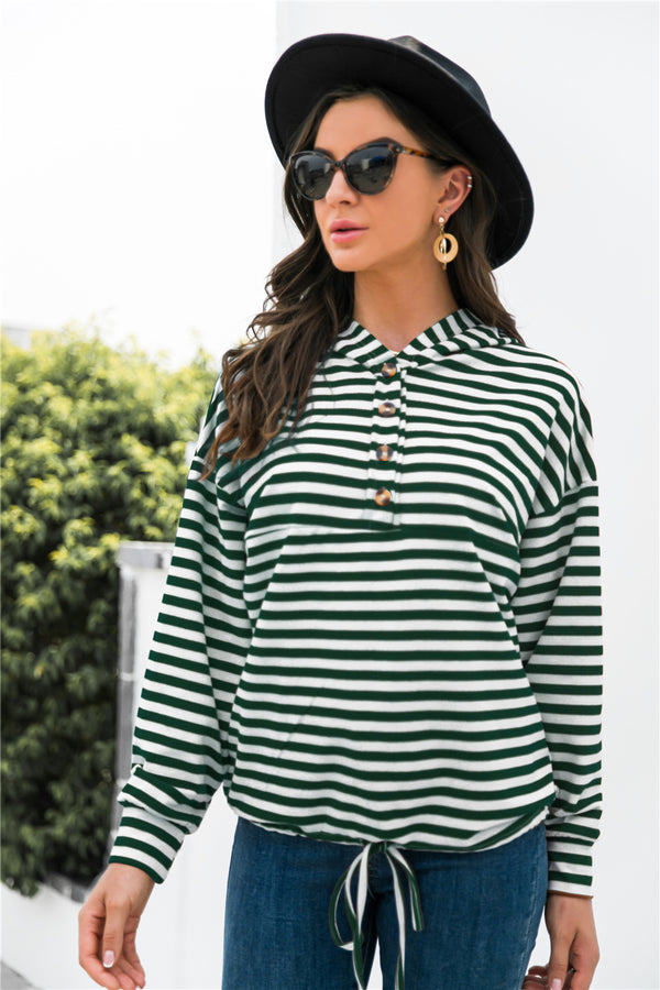 Striped Half-Button Dropped Shoulder Hoodie-Teresa's Fashionista LLC