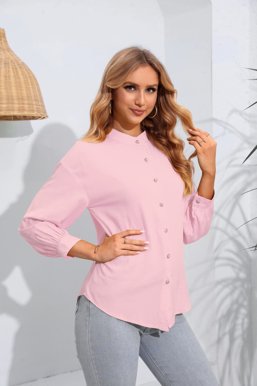 Mock Neck Buttoned Long Sleeve Shirt-Teresa's Fashionista LLC