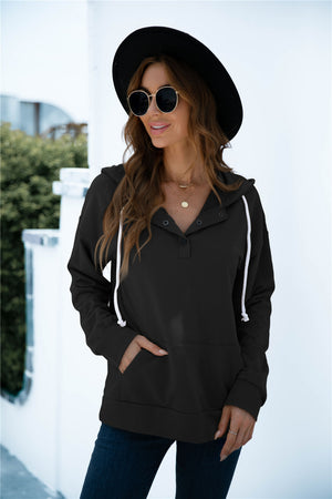 Quarter Snap Drawstring Hoodie with Kangaroo Pocket-Teresa's Fashionista LLC