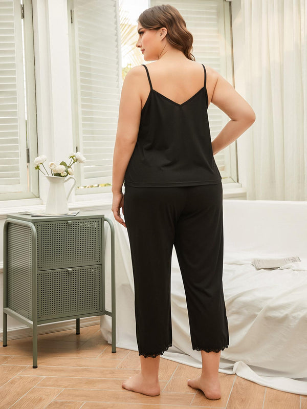 Plus Size Lace Trim Slit Cami and Pants Pajama Set-Teresa's Fashionista LLC