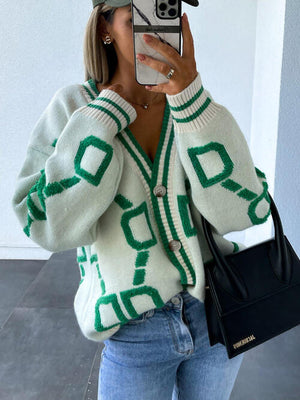 Geometric Dropped Shoulder Button Down Cardigan-Teresa's Fashionista LLC