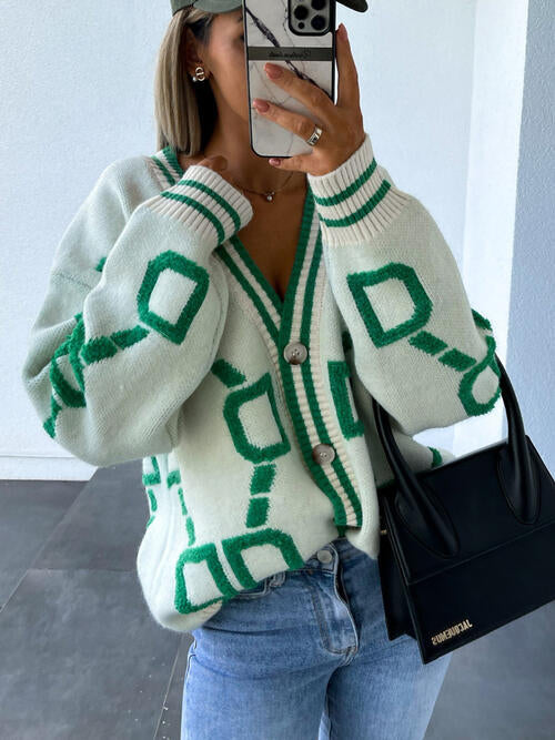 Geometric Dropped Shoulder Button Down Cardigan-Teresa's Fashionista LLC