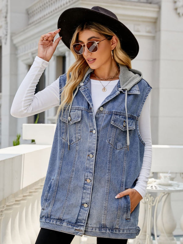 Drawstring Hooded Sleeveless Denim Top with Pockets-Teresa's Fashionista LLC