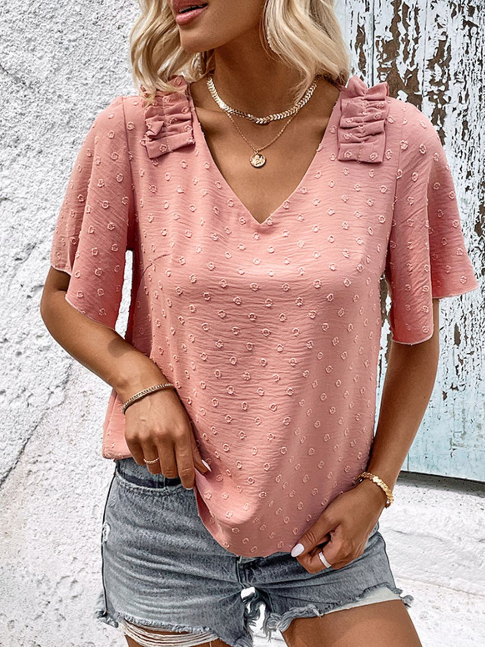 Swiss Dot Shoulder Detail V-Neck Blouse-Teresa's Fashionista LLC