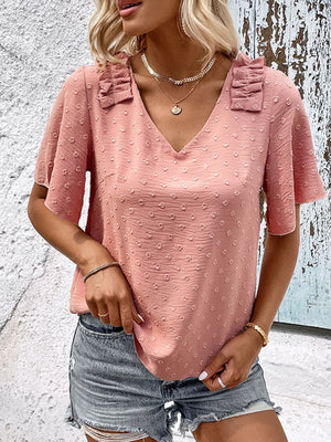 Swiss Dot Shoulder Detail V-Neck Blouse-Teresa's Fashionista LLC
