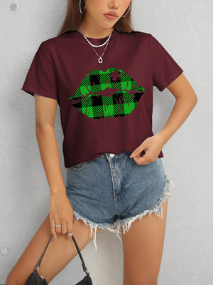 Plaid Lip Graphic Round Neck T-Shirt-Teresa's Fashionista LLC