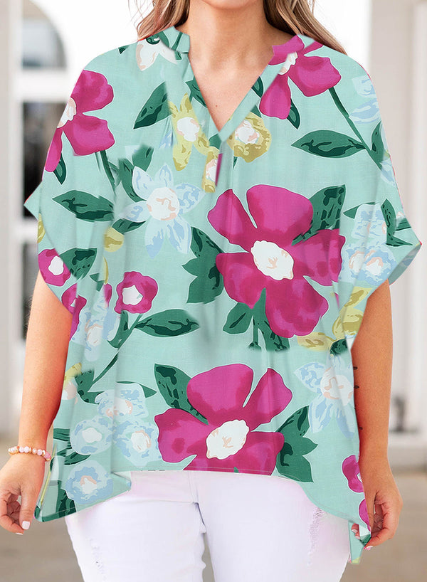 Plus Size Printed Notched Neck Half Sleeve Top-Teresa's Fashionista LLC