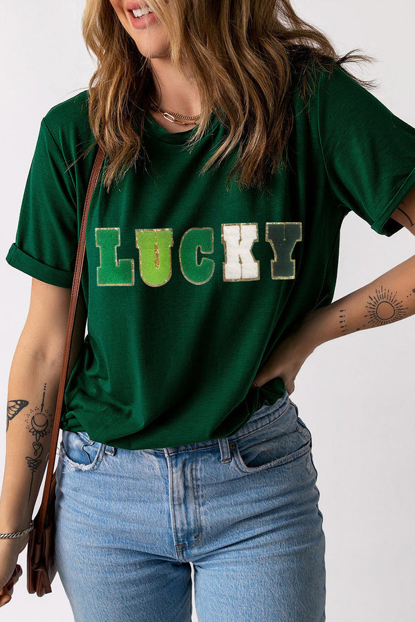LUCKY Round Neck Short Sleeve T-Shirt-Teresa's Fashionista LLC