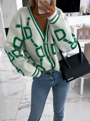 Geometric Dropped Shoulder Button Down Cardigan-Teresa's Fashionista LLC