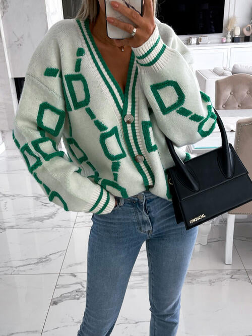 Geometric Dropped Shoulder Button Down Cardigan-Teresa's Fashionista LLC