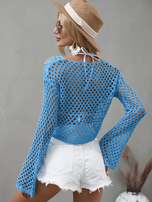 Openwork Flare Sleeve Cropped Cover Up-Teresa's Fashionista LLC