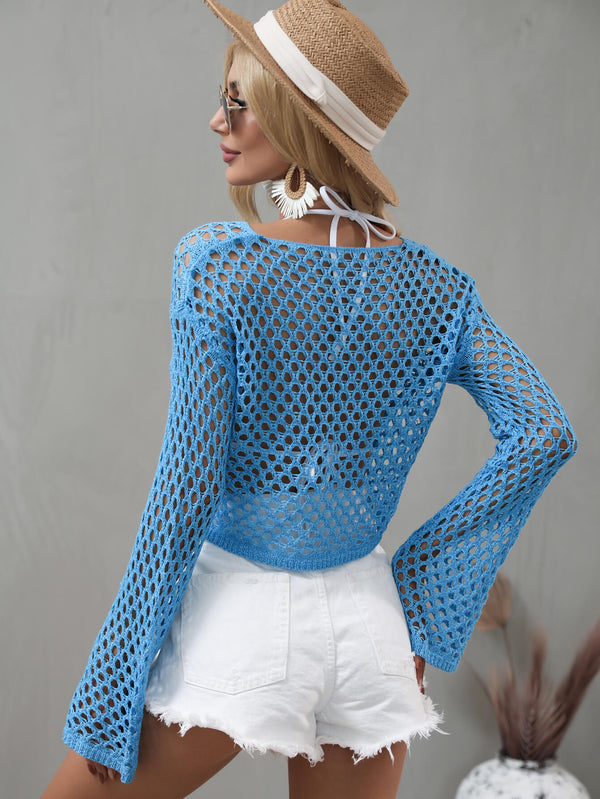 Openwork Flare Sleeve Cropped Cover Up-Teresa's Fashionista LLC